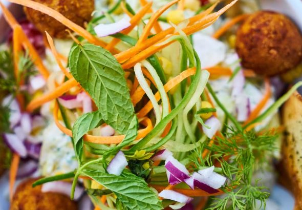 Vibrant salad featuring fresh vegetables, falafel, and herbs in a white bowl, perfect for a healthy meal.
